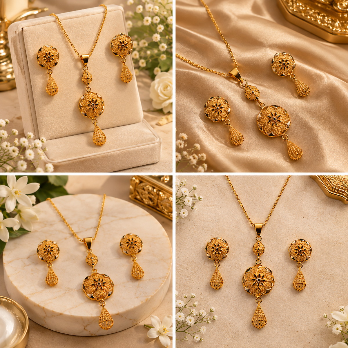 Dazzling Floral Design Gold Plated Pendant Necklace Set for Girls/Women