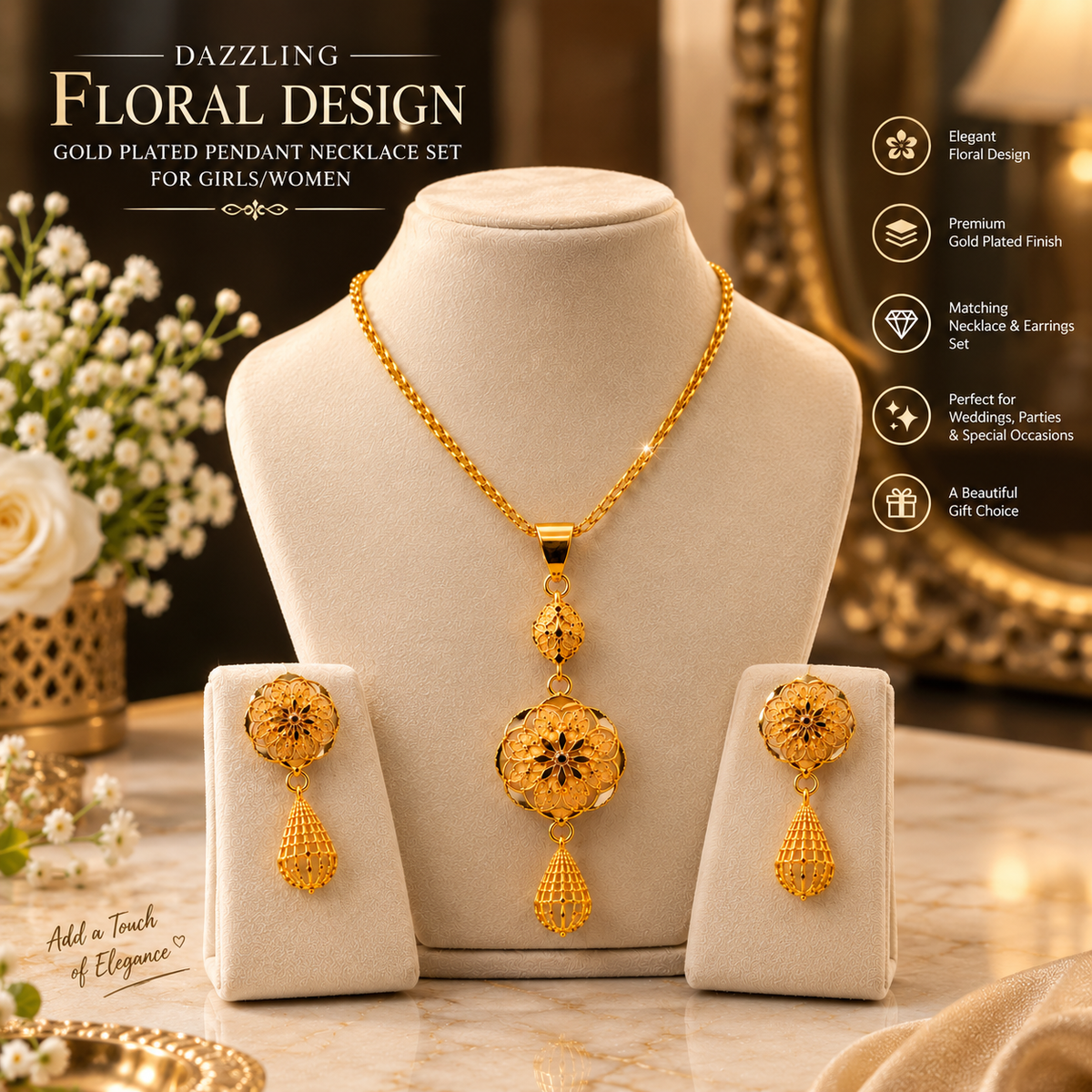 Dazzling Floral Design Gold Plated Pendant Necklace Set for Girls/Women