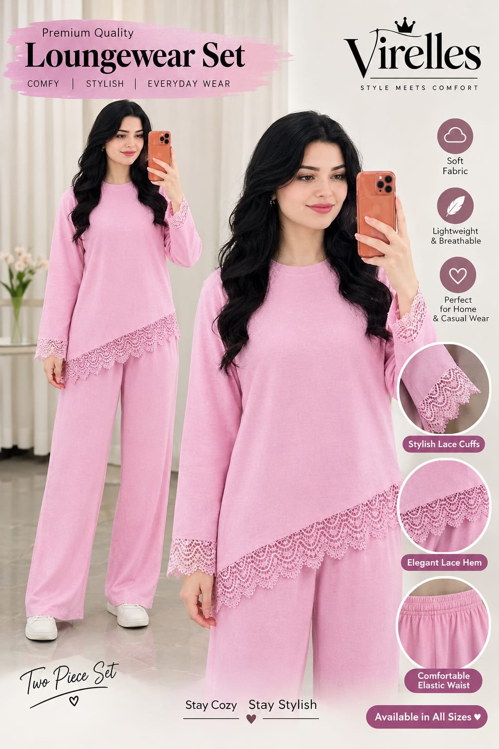 Women’s Premium 2-Piece Loungewear Set – Soft Comfortable Night Suit with Elegant Lace Detailing | Virelles
