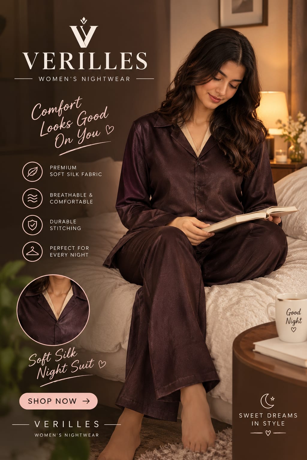 Women’s Soft Silk Night Suit | Comfortable Satin Pajama Set | Elegant Nightwear for Women | VERILLES